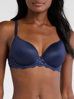 New Simon Perele Caresse Underwire Plunge Bra in Ink Blue Size 36C